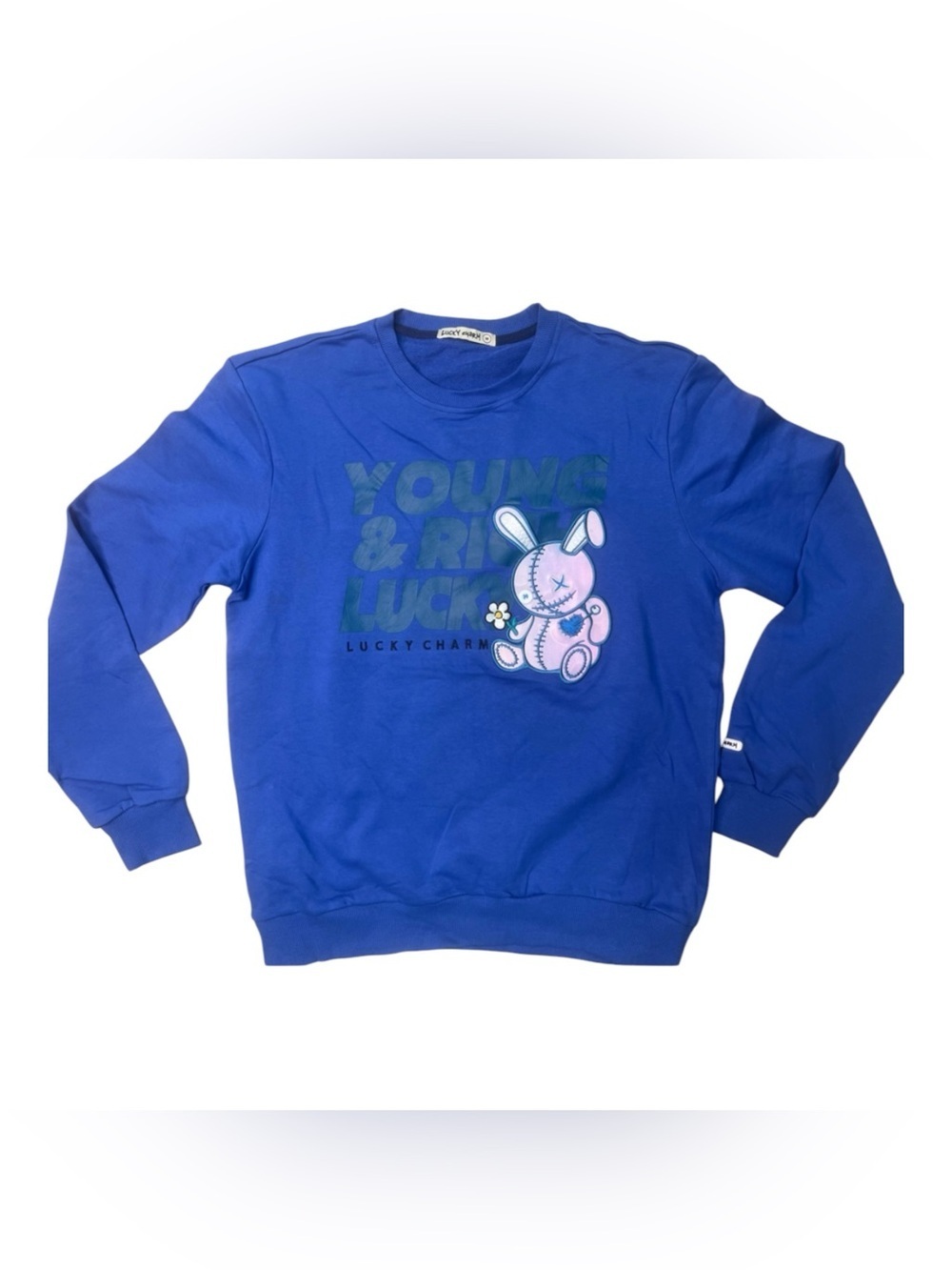 Sz M Blue "Young & Rich Lucky" Bunny Graphic Sweatshirt